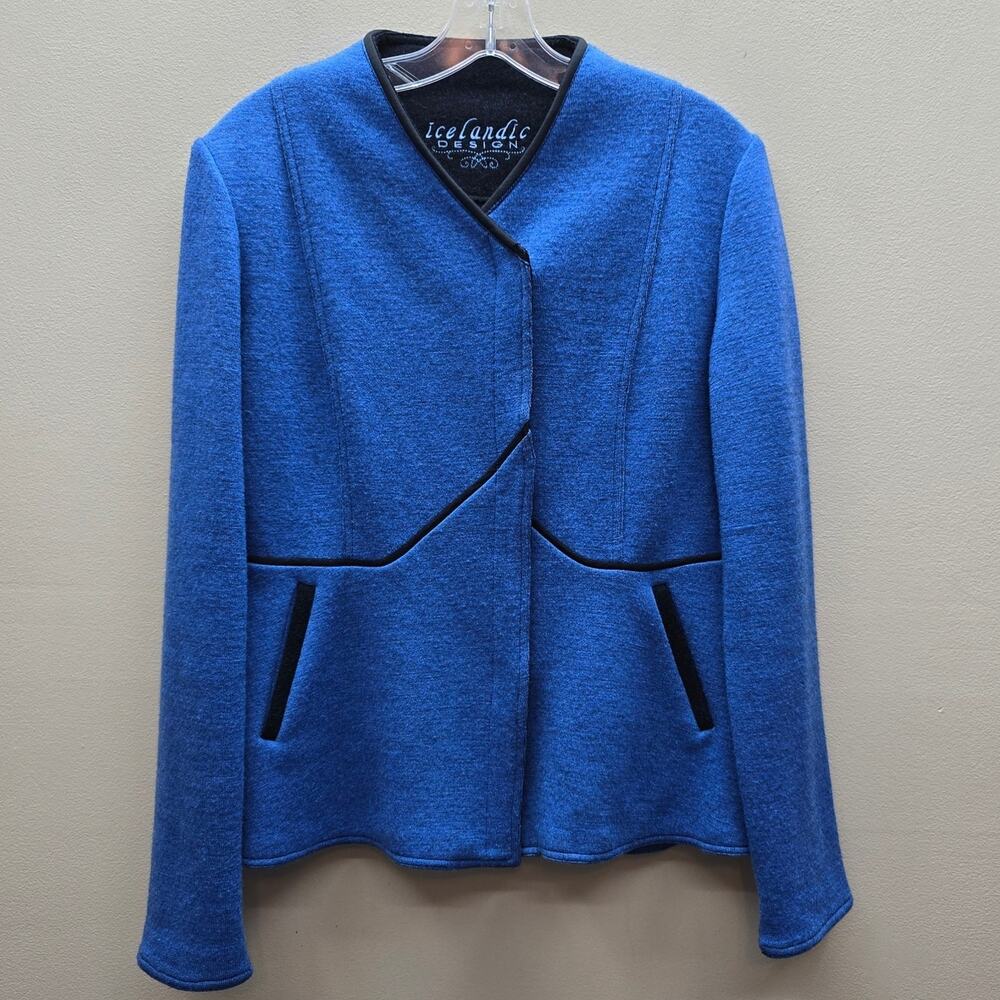 Icelandic Designs Women's 100% Wool Snap Front Blazer Jacket Blue Size Small